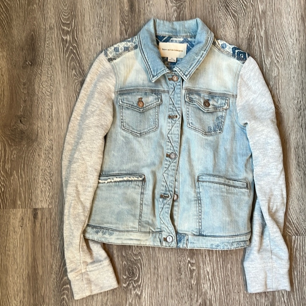 Pilcro  Embroidered Denim Jacket with Knit Sleeves